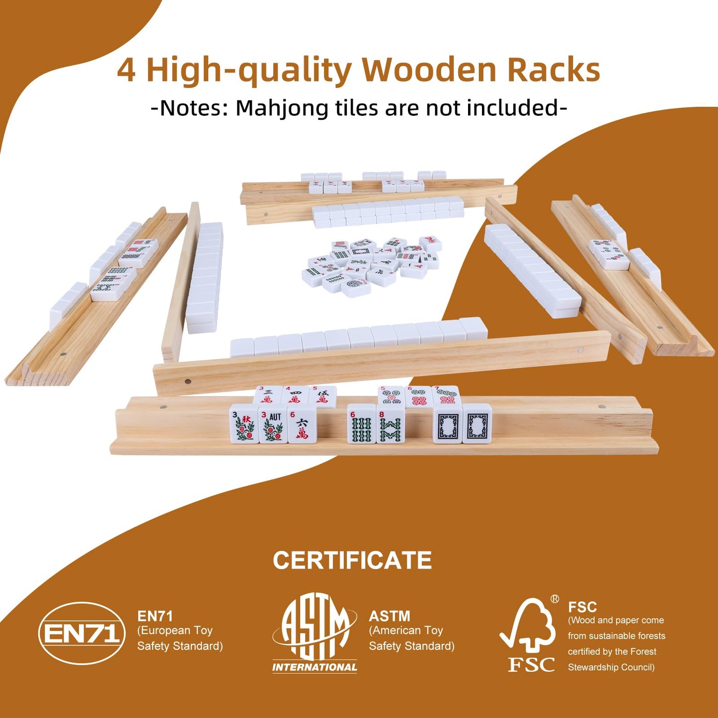 Offelec Wooden Mahjong Racks, Set Of 4 Trays For Mahjong Game, Premium Holders For Mahjong, Mexican Train, Dominoes And More Gam