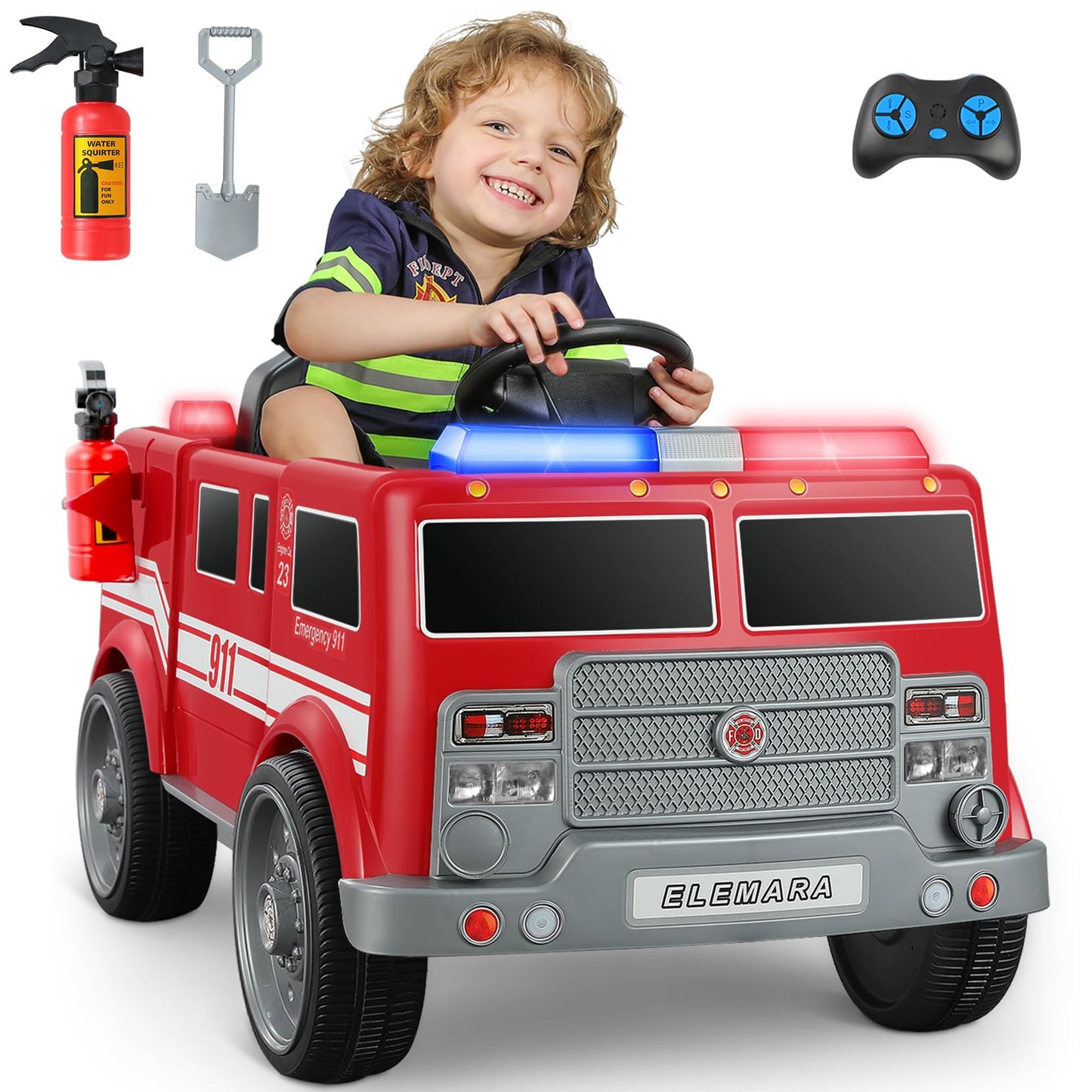 ELEMARA 12V Ride on Fire Truck, Battery Powered Toddler Electric Vehicle w/Parent Remote Control,Ride on Car for Kids,Siren-Call