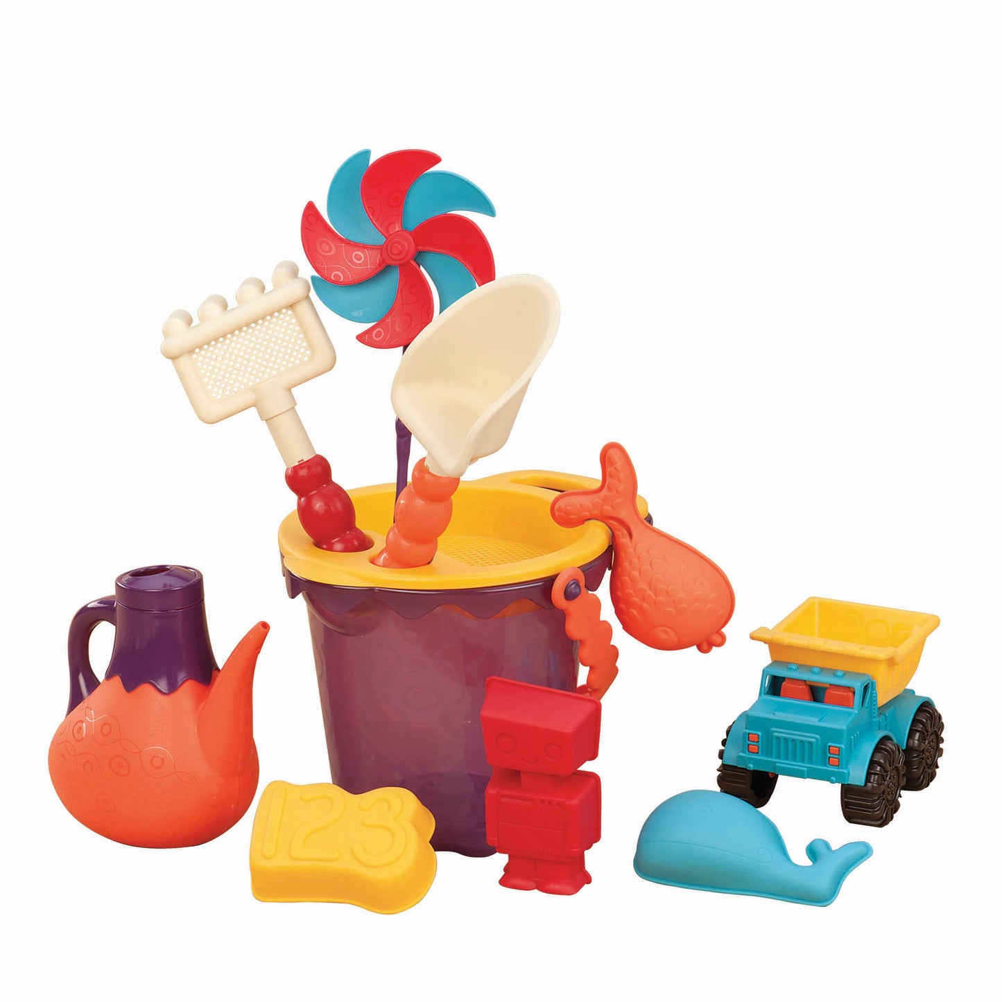 B. toys - B. Ready Beach Bag -Water Play- Beach Tote with Mesh Panel and 11 Funky Sand Toys - 18 m+, Purple Bucket