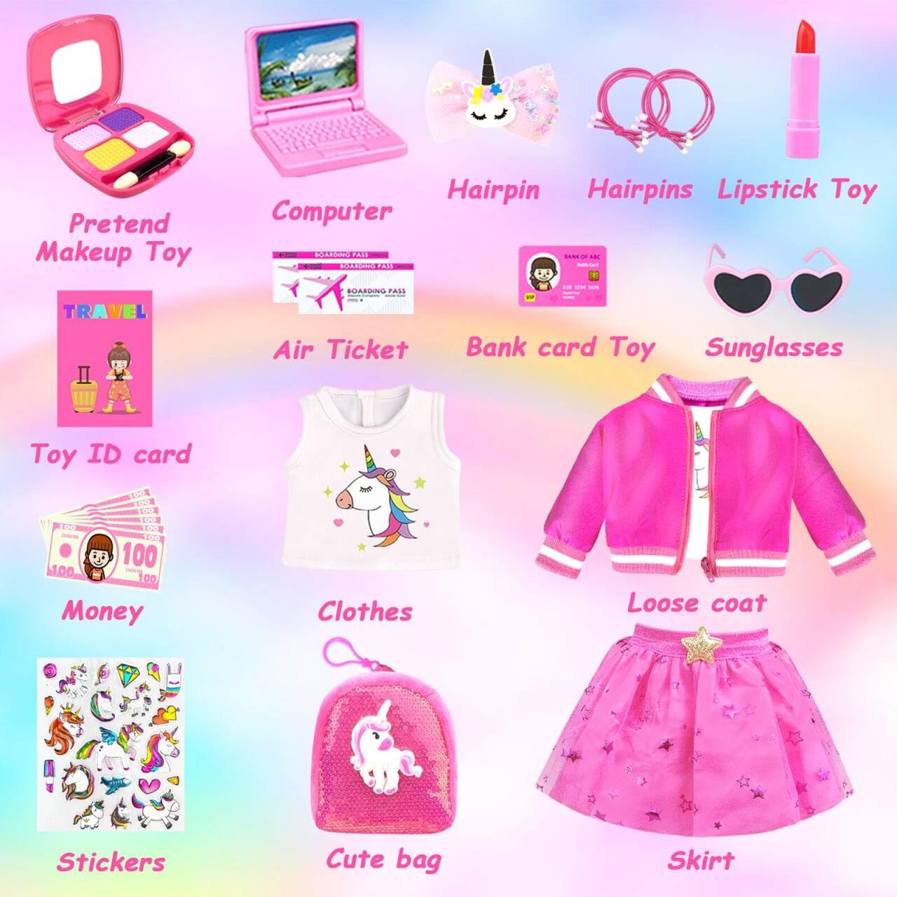 23Pcs 18 Inch Girl Doll Accessories Case Luggage Travel Play Set With Doll Clothes Cute Bag Computer Glasses Pretend Makeup Toy Stickers Doll Stuff Fit 18 Inch Doll Christmas Birthday Gift