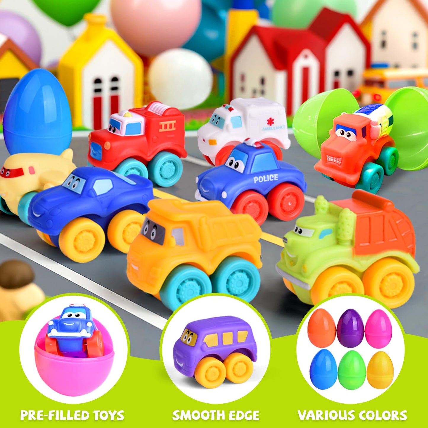 Fun Little Toys 18Pcs Prefilled Easter Eggs With Toy Cars, Easter Eggs Filled For Toddlers Kids Boys Hunt, Easter Party Favors,