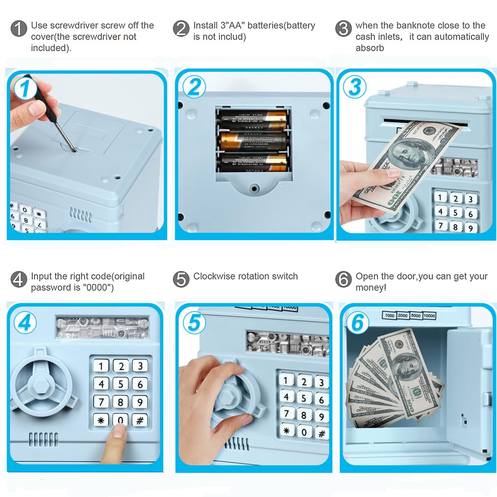 Setibre Piggy Bank, Electronic Atm Password Cash Coin Can Auto Scroll Paper Money Saving Box Toy Gift For Kids (Light Blue)