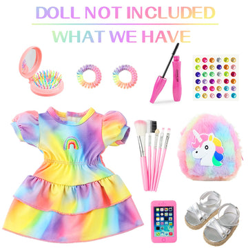 K.T. Fancy 18 Inch Doll Clothes and Accessories - Dress Makeup Set -Included Skirt  Backpack  Headband  Cosmetic Brush  Mini Phone  Mini Comb  Stickers & Shoes