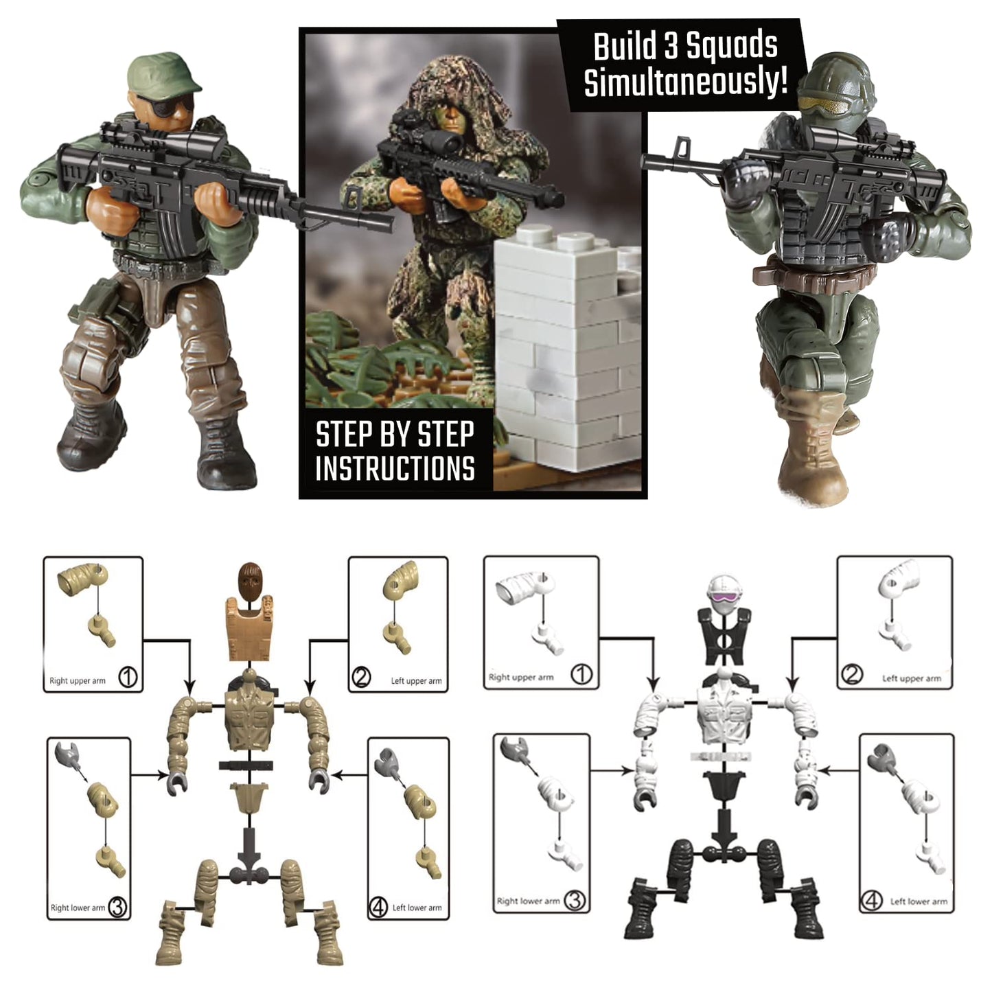 Special Forces US Military Mini Action Figures 3 Army Building Sets 9 soldiers Jungle Troopers Ghillie Suit Sniper Jungle Defence Squad Special Troops Toy10+ Kids & Parents Quality Family Time 443 Pcs