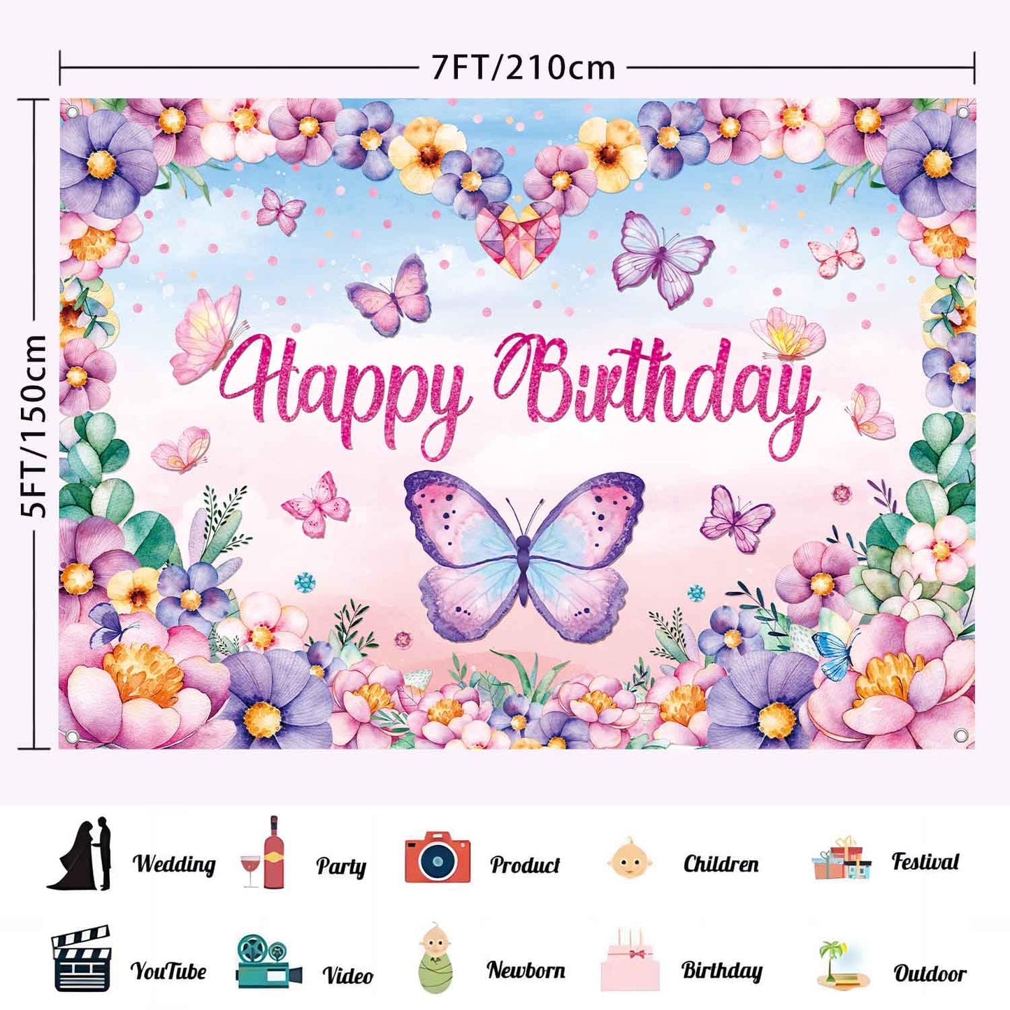 LDWLYW Purple Butterfly Happy Birthday Backdrop Banner Large Butterfly Birthday Party Decorations Supplies for Girl Women Kids S