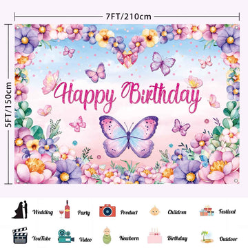 LDWLYW Purple Butterfly Happy Birthday Backdrop Banner Large Butterfly Birthday Party Decorations Supplies for Girl Women Kids S