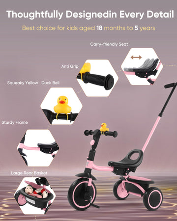 RIDYEE Tricycle for Toddlers 18 Months to 5 Years with Removable Push Handle, Tricycles for 3-5 Year Olds Ideal for On-The-Go Fa