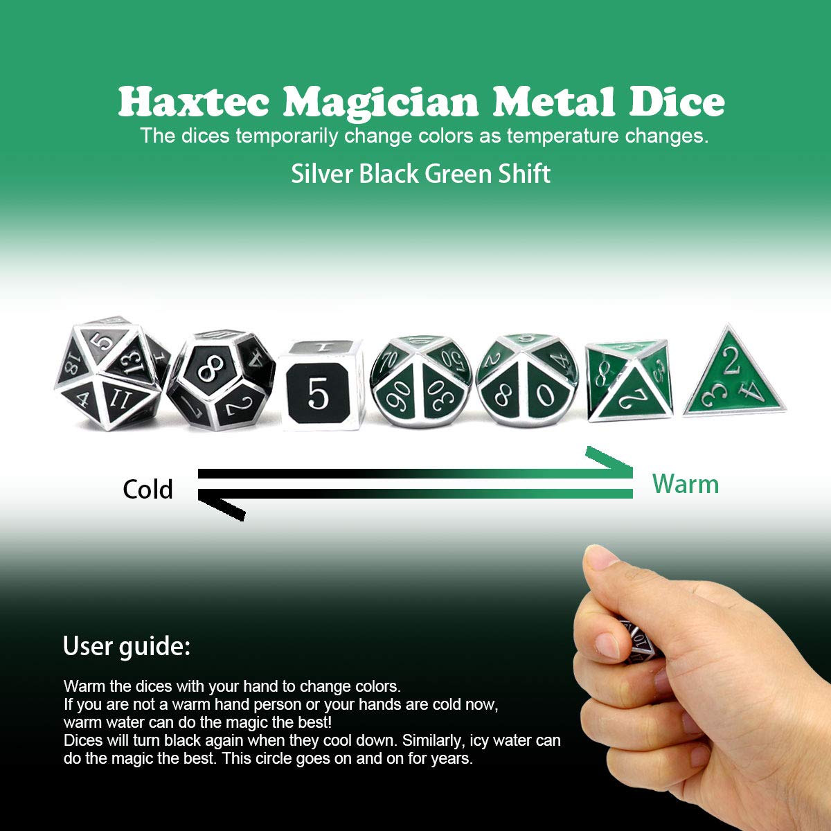 Haxtec Color Shifting Metal DND Dice Set Temperature Sensitive Polyhedral D&D Dices for RPG Dungeons and Dragons-Silver Black Gr