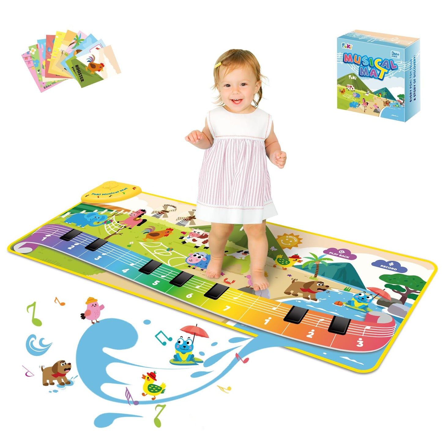 FOKI Toddler Toys Floor Piano Mat with 61 Animal Music Sounds, Baby Kid Sensory Educational Dancing Musical Keyboard Carpet Toy,