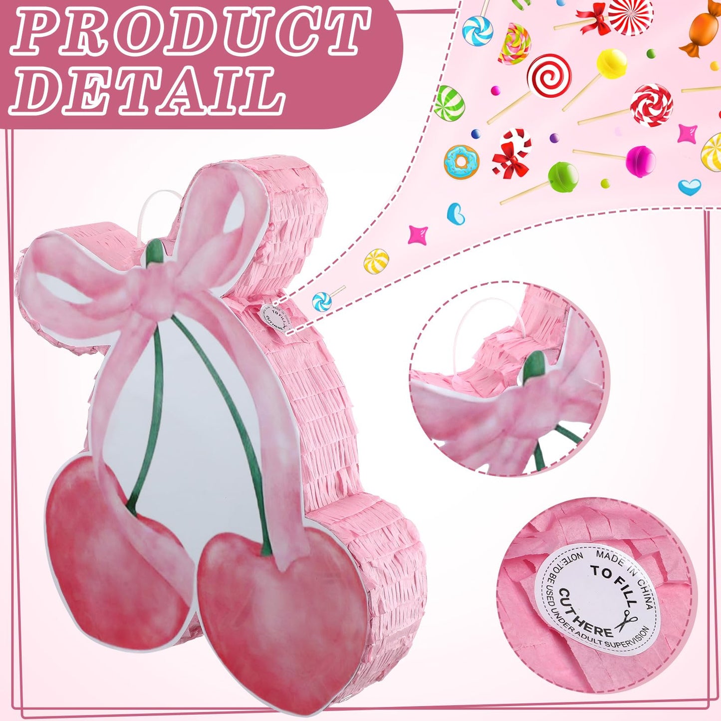 Glimin Pink Bow Piata with Stick Blindfold and Confetti, Shes The Cherry on Top Theme Birthday Party Baby Shower Nursery Decora