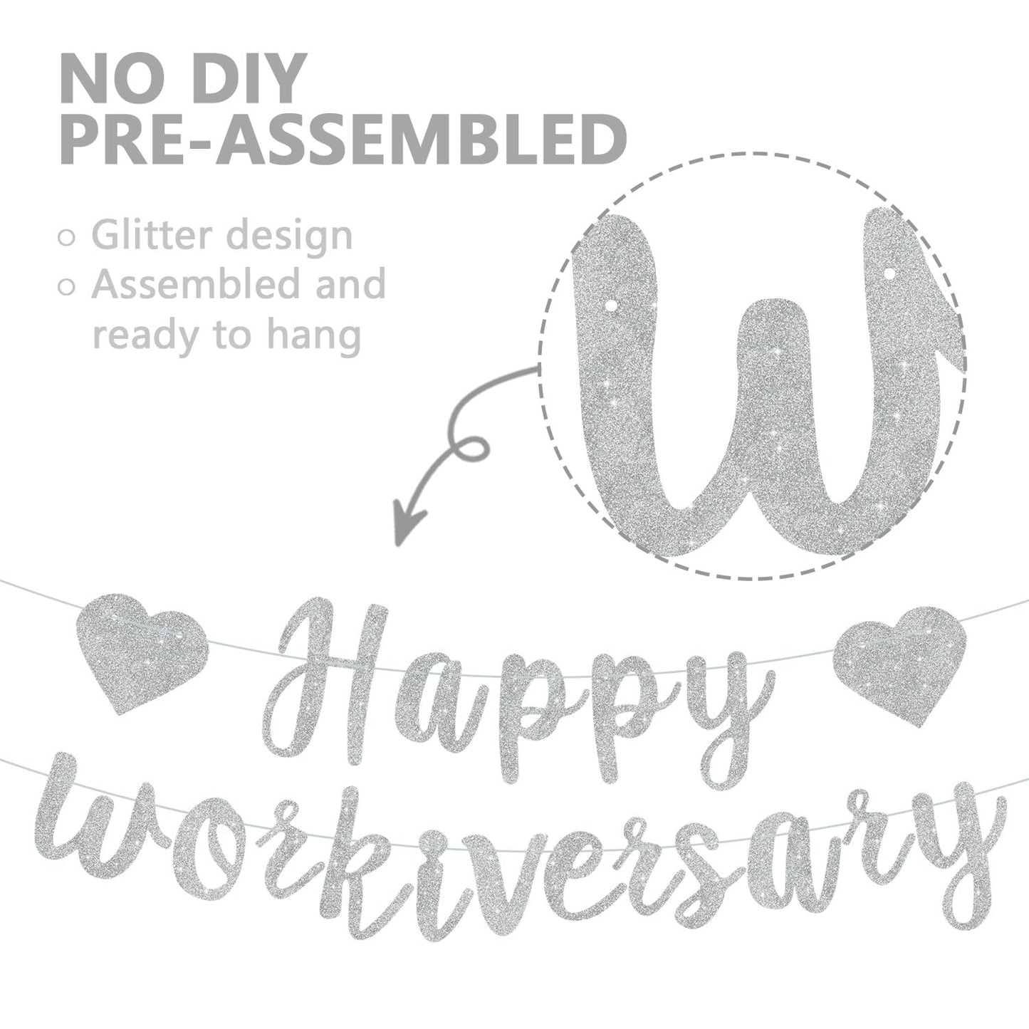 RICHHHA Silver Glitter Happy Workiversary Banner - NO DIY - Black Work Anniversary Decoration, Pre-Strung Sign Bunting for Offic