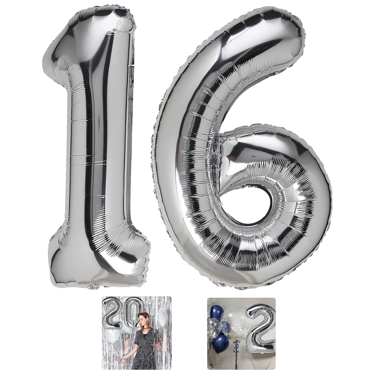 16 Number Balloon Silver 40 Inch Big Foil Mylar 16Th Balloons For 16 Year Old Boy Girl Birthday Party Decorations Wedding Annive
