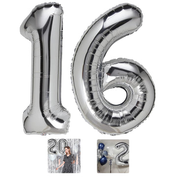 16 Number Balloon Silver 40 Inch Big Foil Mylar 16Th Balloons For 16 Year Old Boy Girl Birthday Party Decorations Wedding Annive