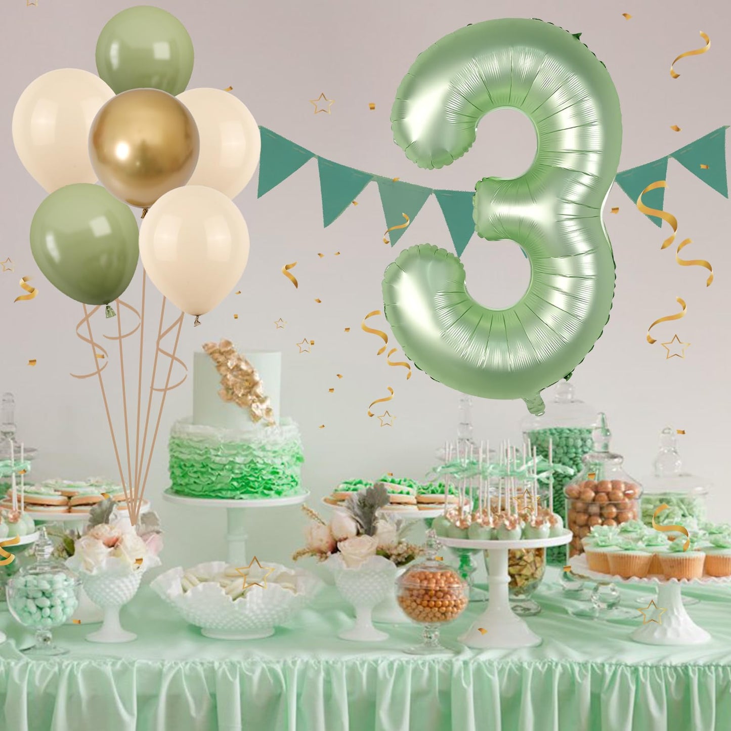 40 Inch Sage Green Number 3 Balloon, Olive Green 3Rd Birthday Balloons, Retro Sand White Avocado Green Gold Latex Balloons Giant