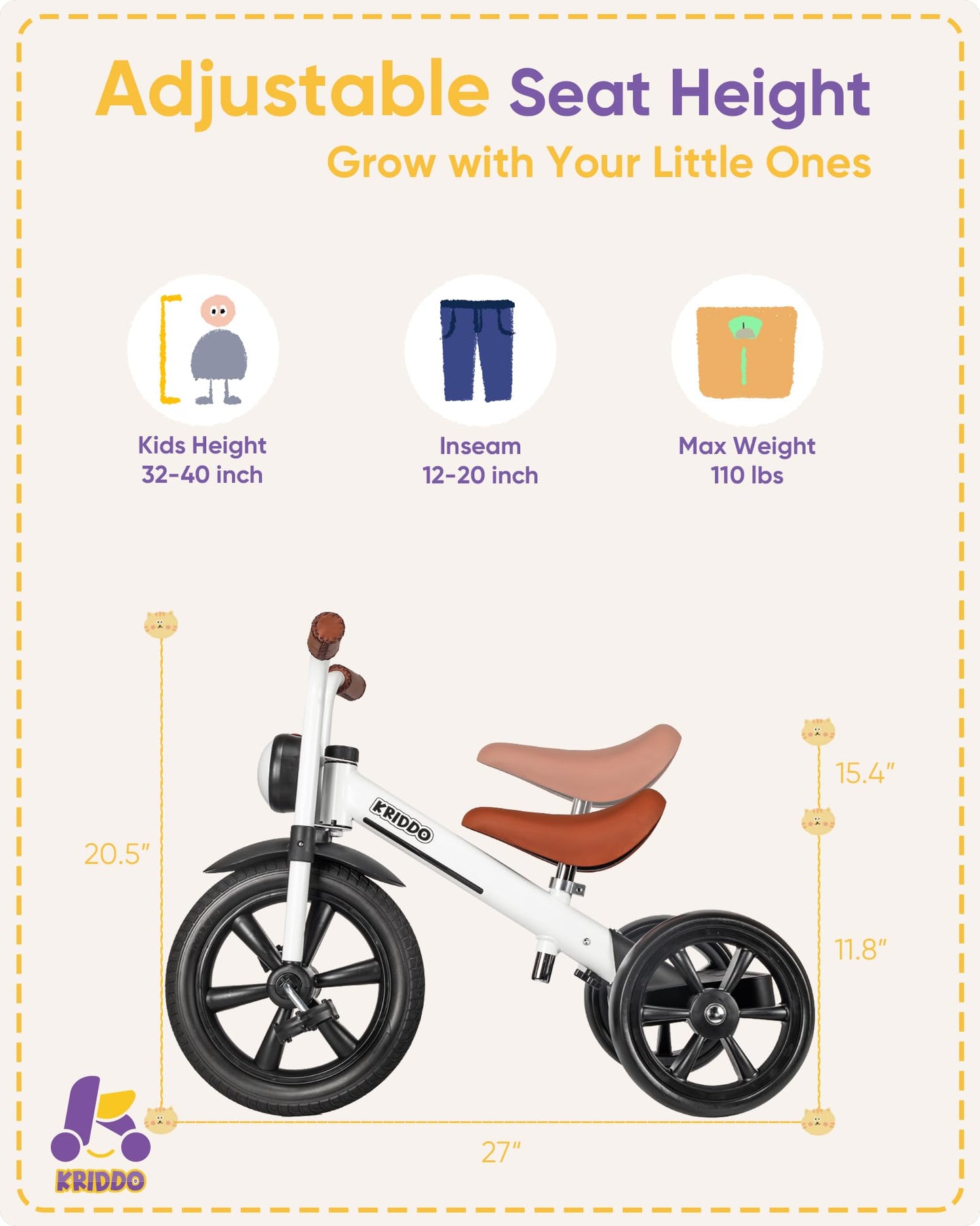 KRIDDO Kids Tricycle, 12 Inch Puncture Free Wheel w Front Light, Adjustable Seat Height, Gift for 2-5 Year Olds, White