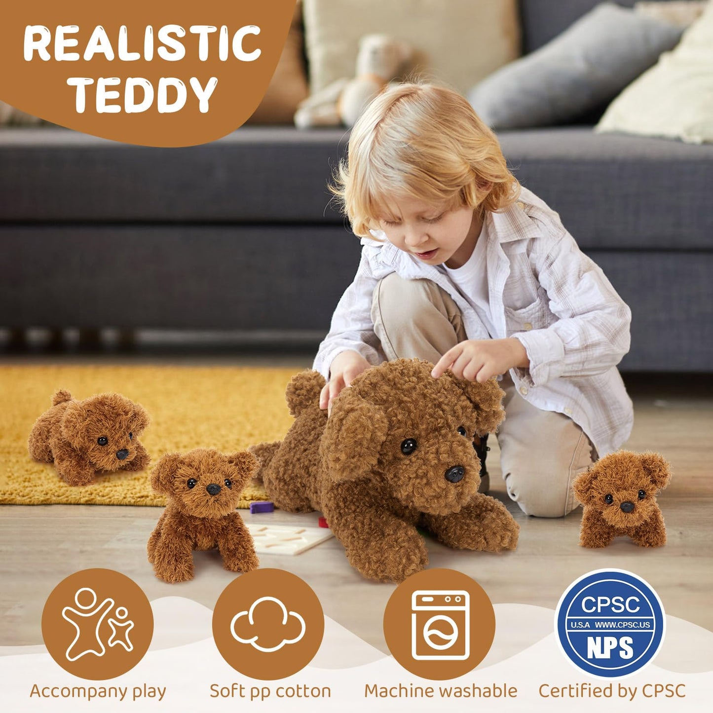 Muiteiur 4 Pcs Dog Stuffed Animals  18.5 Inch Teddy Dog with Puppies  Brown Dog Plush for Kids Girls Boys  Gift for Birthday Theme Party