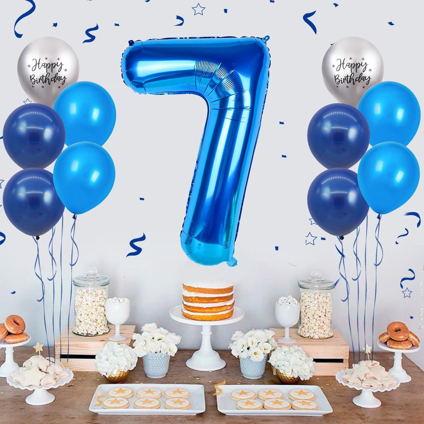 FunHot 40 Inch Blue Number 7 Balloon Set - 11Pcs Latex & Foil Balloons for 7th Birthday Party Decorations