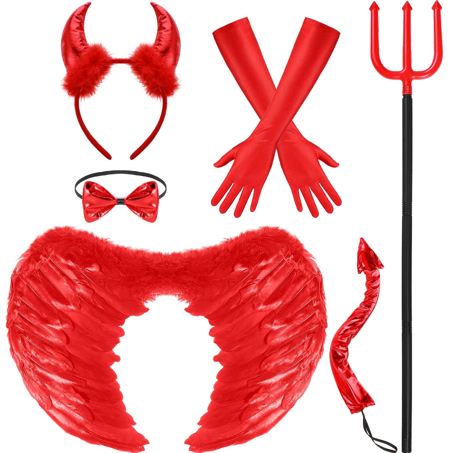 Hillban 6 Pcs Halloween Devil Costume Set Include Sequin Red Horns Headband Devil Tail Bowtie Devil Wings Long Gloves Devil Fork