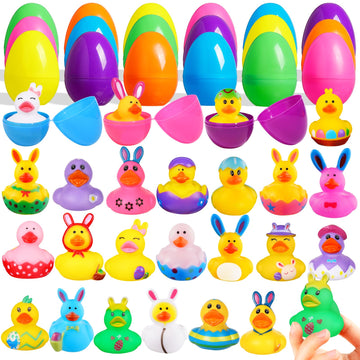 Anggiko 24 Pack Easter Rubber Ducks Bulk With Easter Eggs, Easter Party Favors Easter Basket Stuffer Supplies Goodie Bag Fillers