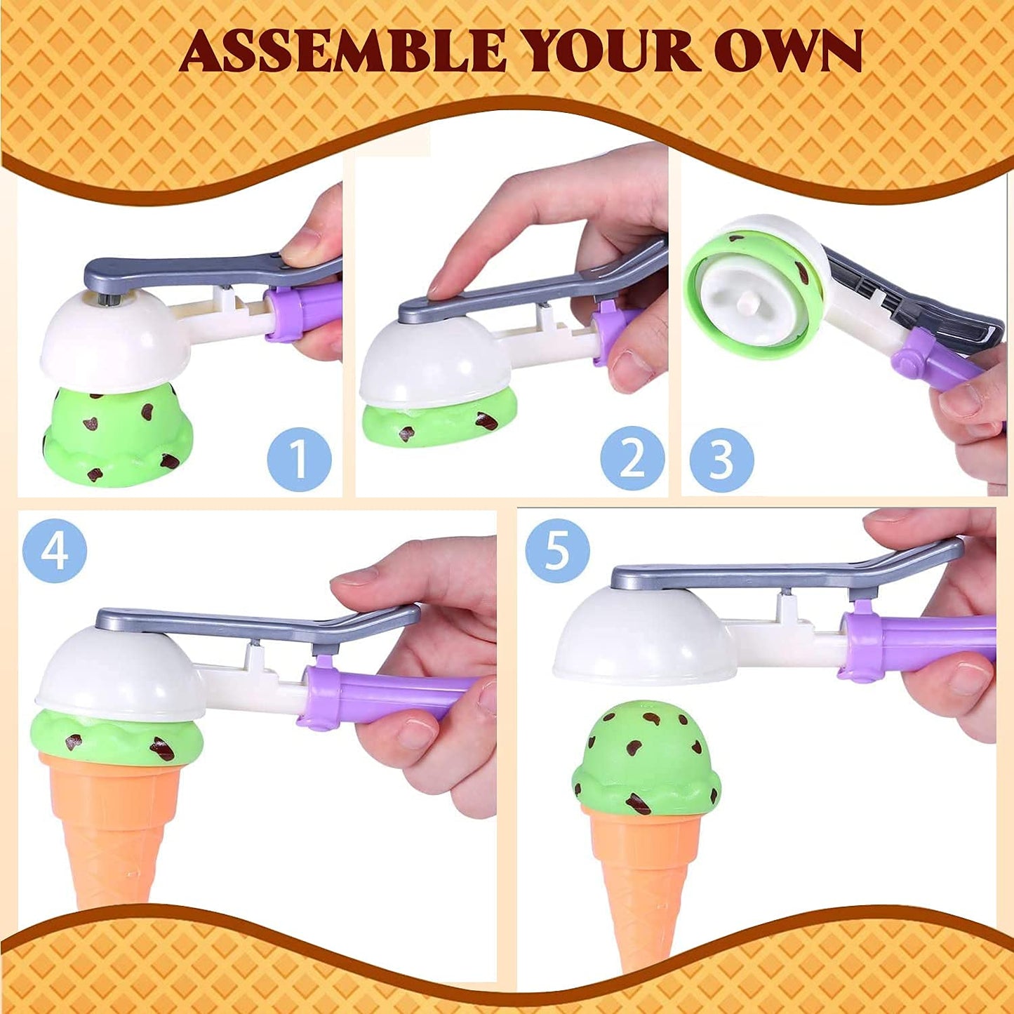 Kids Ice Cream Toy Set - Pretend Play Sweet Treats Ice Cream Parlour Dessert Accessories Playset with Cone and Scoop for Toddler