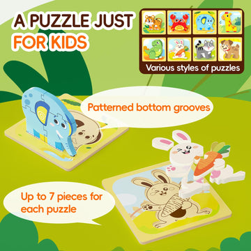 Funmission Puzzles, 8Pcs Animals Jigsaw Puzzles Toddler Toys, Brain Teaser Puzzles Montessori Toys, Wooden Puzzle Games, Educati