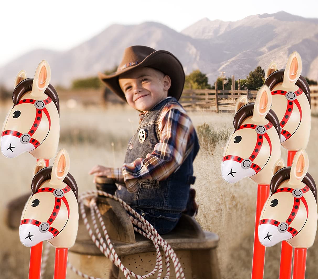 4Pcs Inflatable Stick Horse - Pony/Western Cowboy/Horse Baby Shower Birthday Party Decorations Inflatable Horse Head (Red)