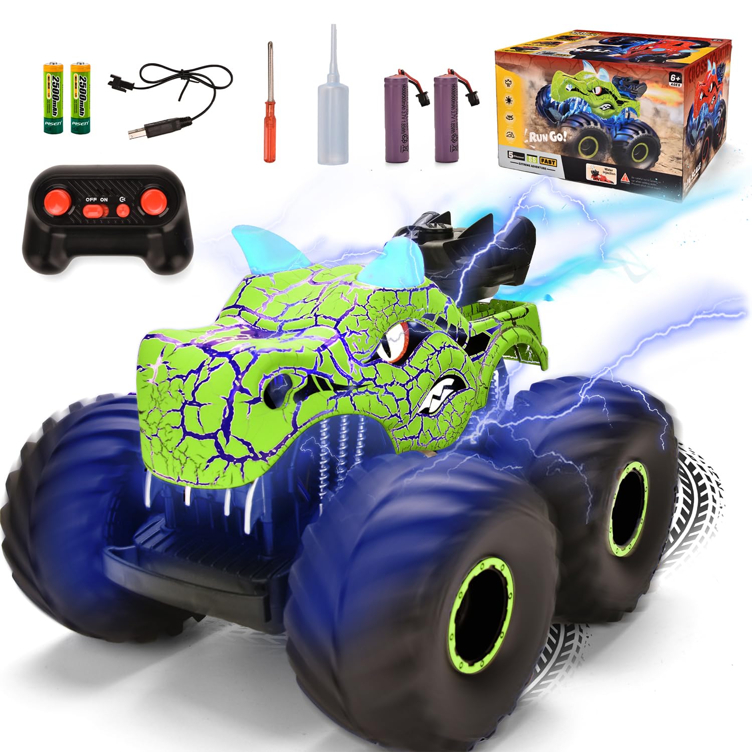Onadrive Remote Control Dinosaur Car Toys for Kid Boys, 2.4GHz RC Monster Truck Toys with Spray, Light, Sound, All Terrain Recha