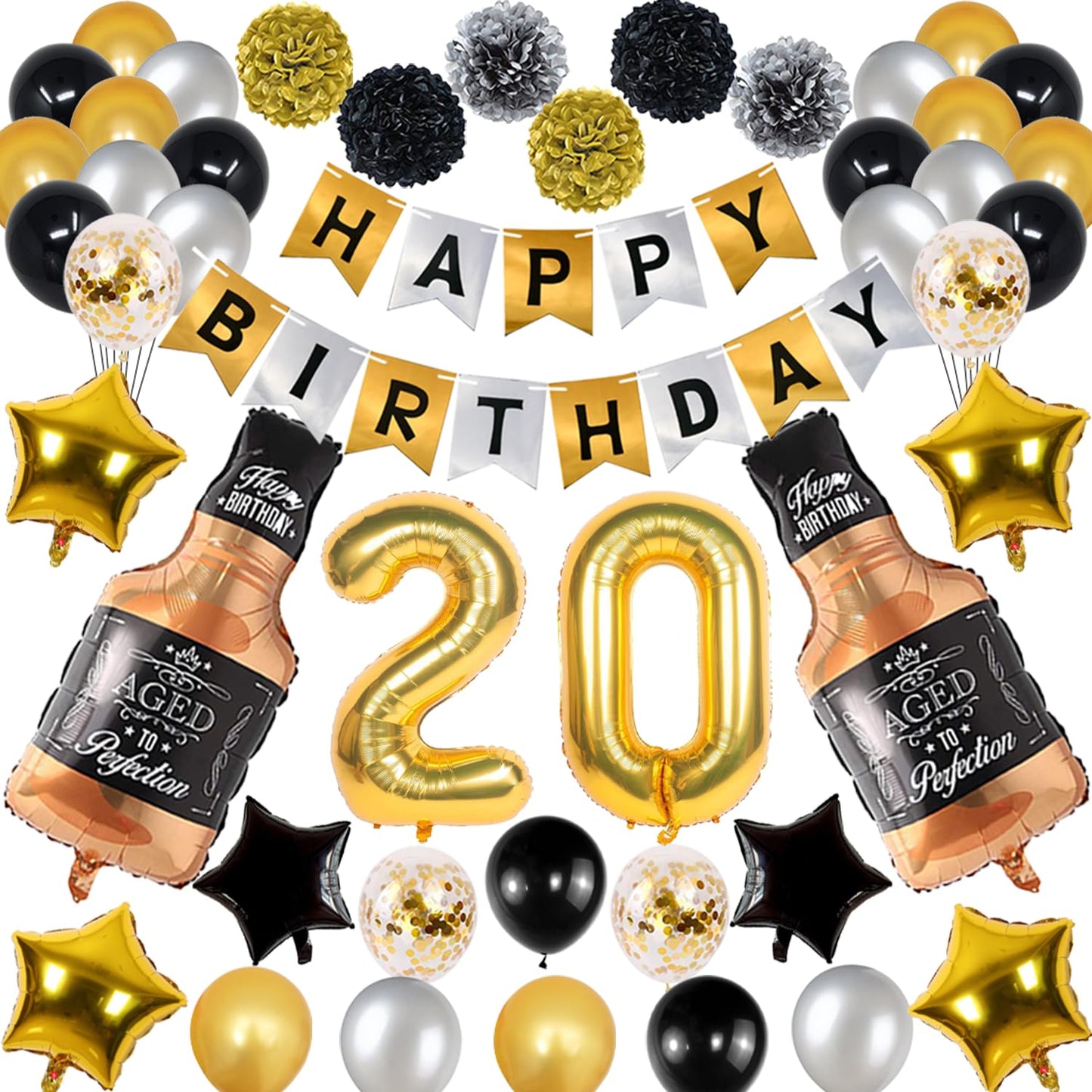 Naninuneno 20Th Gold Birthday Decorations, Gold Black Silver Happy Birthday Balloons Supplies For Boy Men Girl Women, 20 Birthda