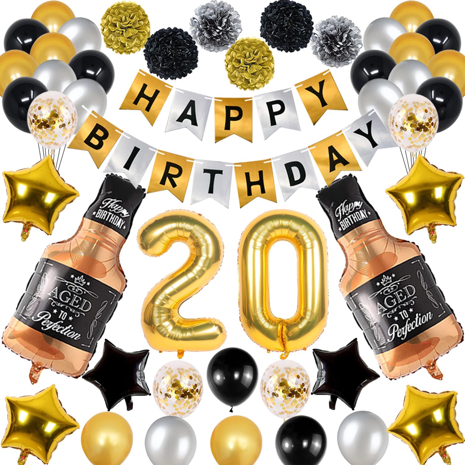 Naninuneno 20Th Gold Birthday Decorations, Gold Black Silver Happy Birthday Balloons Supplies For Boy Men Girl Women, 20 Birthda