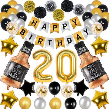 Naninuneno 20Th Gold Birthday Decorations, Gold Black Silver Happy Birthday Balloons Supplies For Boy Men Girl Women, 20 Birthda