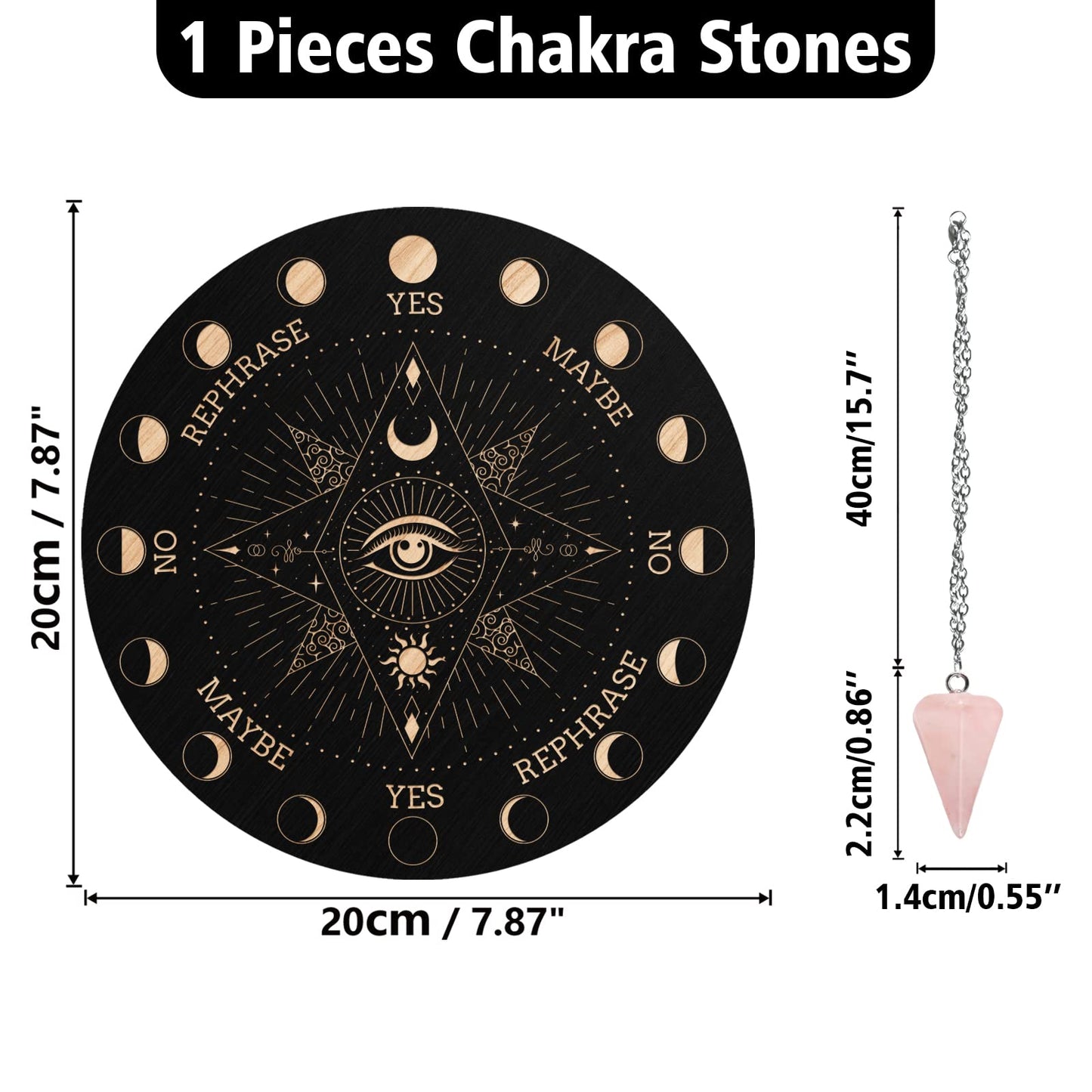 Infunly Witch Pendulum Board Eyes Runes Wooden Dowsing Planchette Board 7.9' Metaphysical Message Board With Pendulum Crystal Necklace For Beginners, Witchcraft Altar Supplies