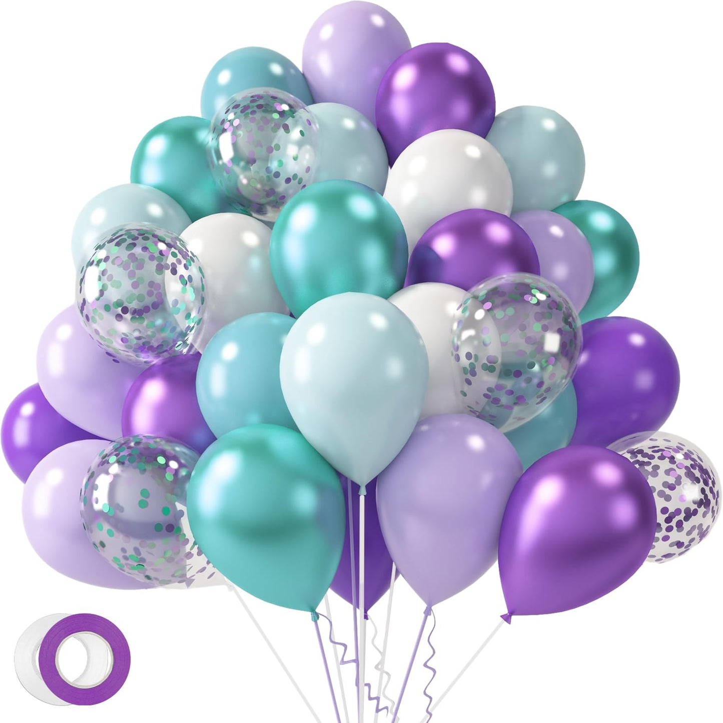 Lovestown 60Pcs Mermaid Balloons, 12 Inches Green White Purple Party Confetti Metallic Latex Balloons With Ribbon For Girls Wedding Baby Shower Mermaid Theme Birthday Party Decorations