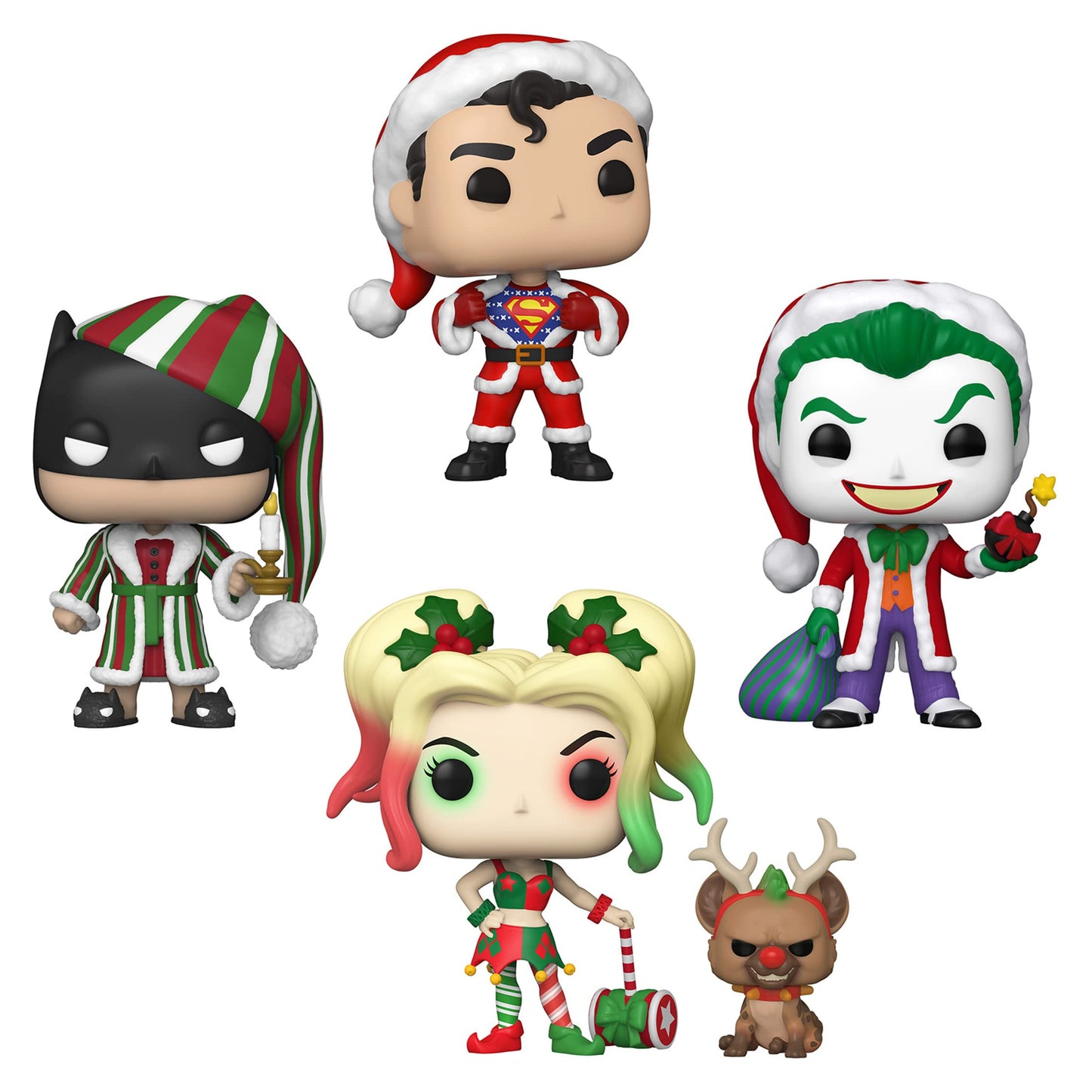 Funko Pop! Dc Comics Christmas 4 Pack Special Edition Exclusive Vinyl Figures - Superman In Holiday Sweater, Batman As Ebenezer Scrooge, The Joker As Santa, Harley Quinn With Helper