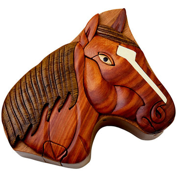 Horse - All Natural Wood Intarsia Puzzle Box - Handcrafted With Secret Compartment