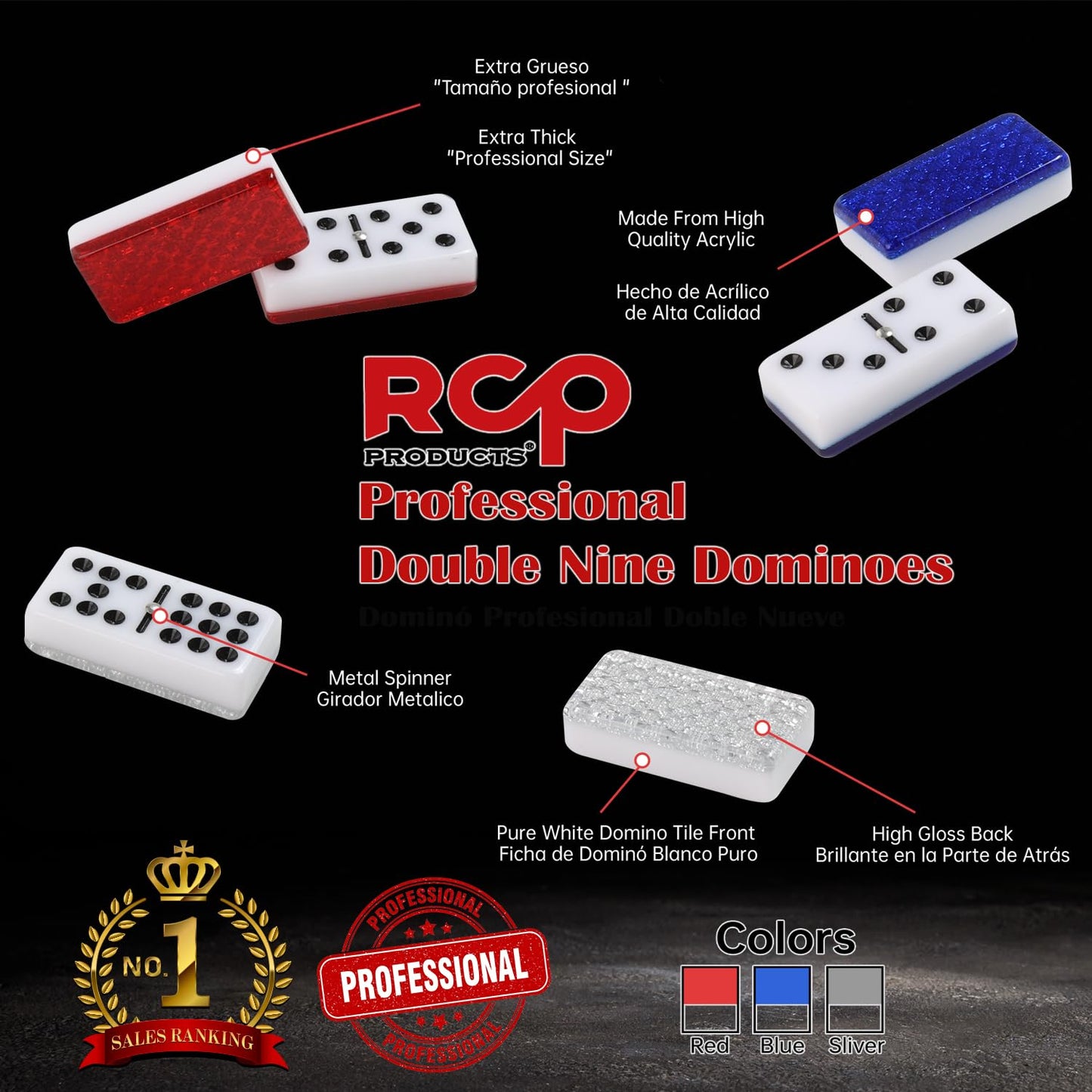 RCP PRODUCTS Double 9 Dominoes Set - 55 Tiles, Acrylic, Medium, Silver, Includes Metal Spinner and Wood Case, Perfect for Adults