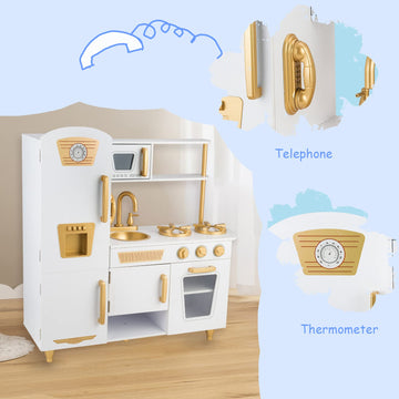 WoodenEdu Kitchen Playset for Kids Ages 3-8, Wooden Pretend Play Kitchen with Realistic Sounds, Including Telephone, Ice Maker,