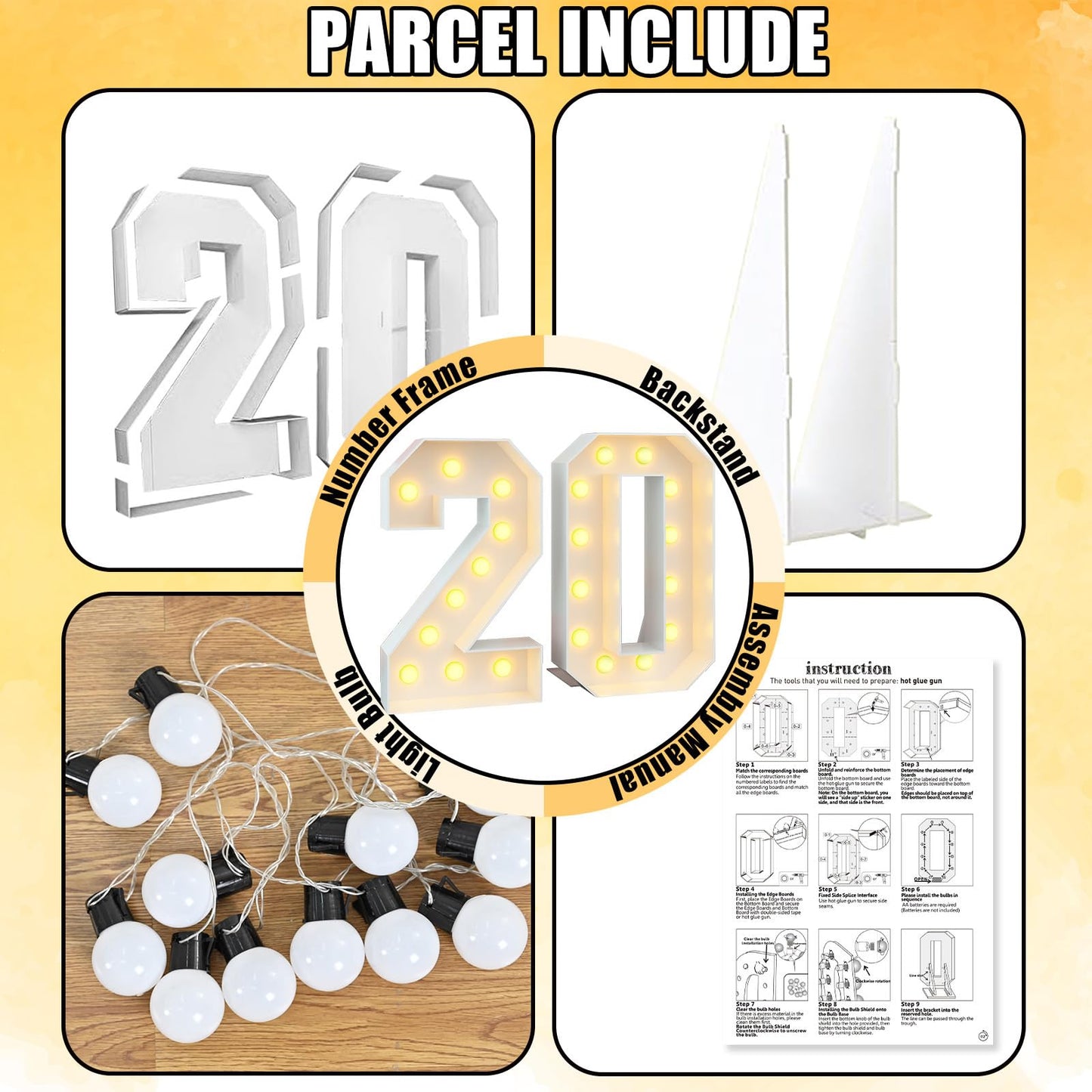 4Ft Light Up Numbers 20 Mosaic Numbers Marquee Frame For 20Th Birthday Party Large Cardboard With Lights Pre-Cut Kit Cut-Out Thick Foam Board Sign Diy Decorations For Anniversary New Year Graduations