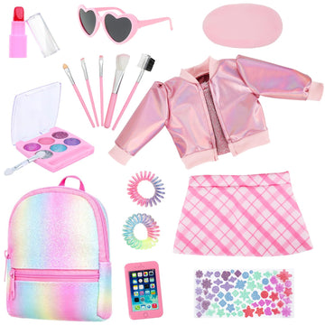 Ecore Fun 17-Piece 18 Inch Doll Accessories Cosmetic Set With Backpack & Outfits | Pretend Play Makeup Kit For 18'' Dolls | Incl