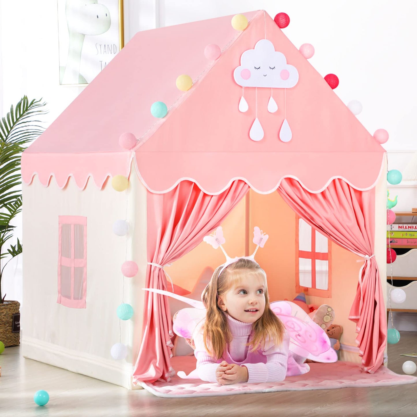 SISTICKER Kids Play Tent with Mat - Large Fairy Princess Castle, 47x41x51in, Pink Beige, Polyester, Model KP-CH-042