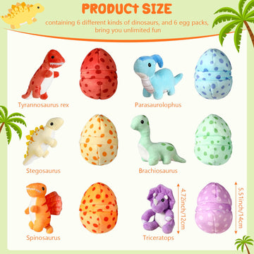 Silipull 12 Pcs Adopt A Dinosaur Party Favors, 6 Small Dinosaur Stuffed Animals Plush Toys Dino Plushies With 6 Mini Dino Egg Ba