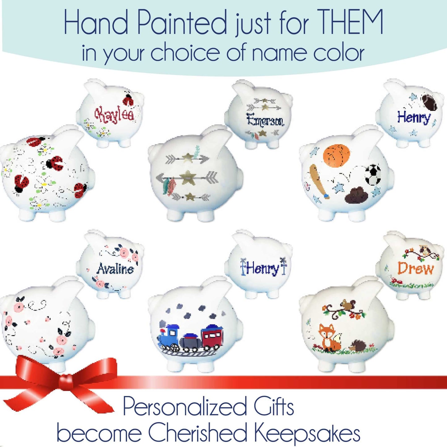 My Bambino Girl'S Hand Painted Personalized Piggy Bank Large White Ceramic Piggybank Baby Gift (Red Ladybugs)