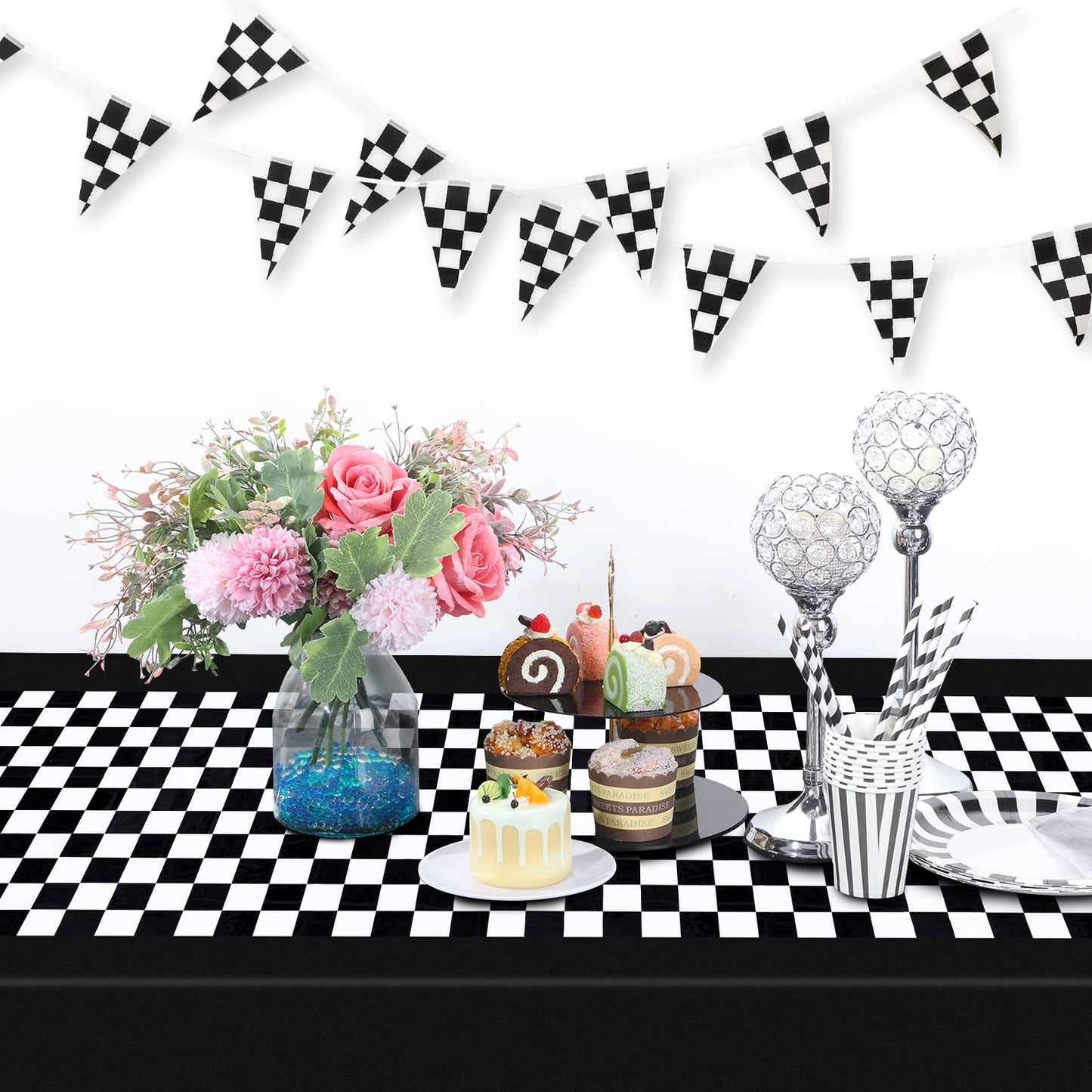 Tallew 6 Pcs Checkered Car Party Supplies Disposable Tablecloth Plastic Table Cover Black And White Checkered Race Table Runner