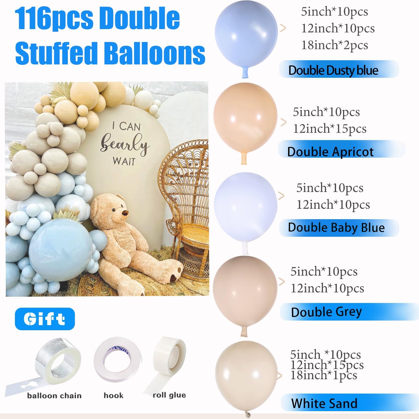 Blue Balloon Arch Kit Dusty Blue Balloon Garland With Double Stuffed Dusty Blue,Pastel Blue, Apricot,White Sand,Grey Balloons Pe