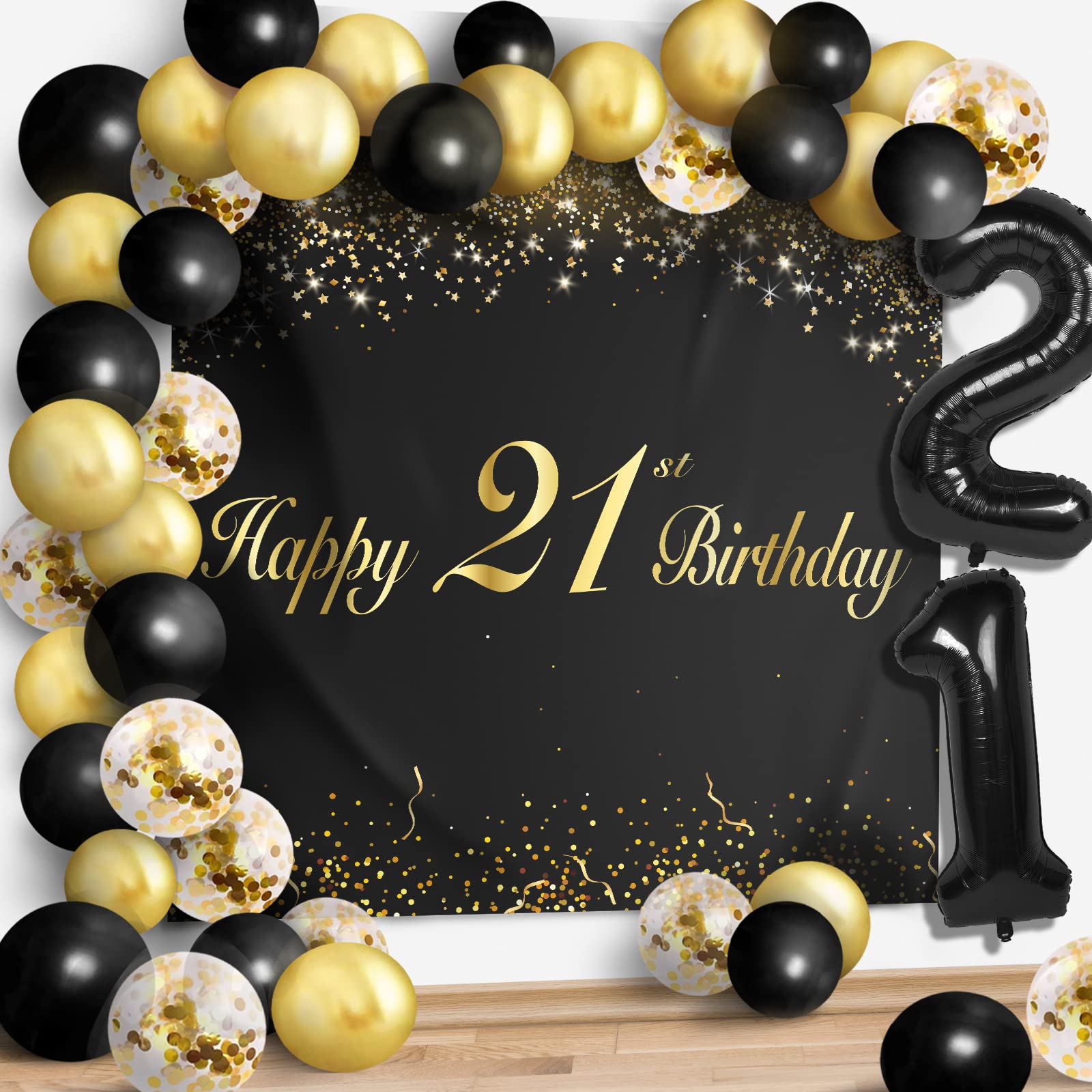 Happy 21St Birthday Balloons Black Set Decor - Cheers To 21 Years Old Party Theme Garland Banner Backdrop Decorations For Women