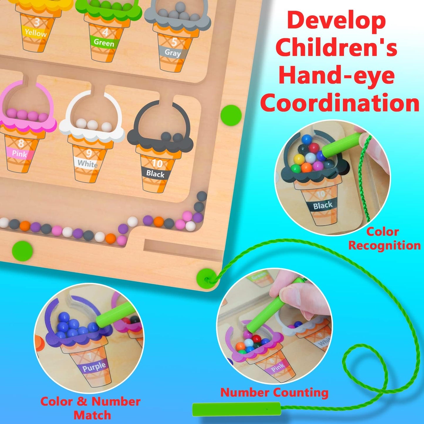 Mtyokiln Magnetic Color & Number Maze - Montessori Wooden Color Matching Learning Counting Puzzle Board - Toddler Fine Motor Ski