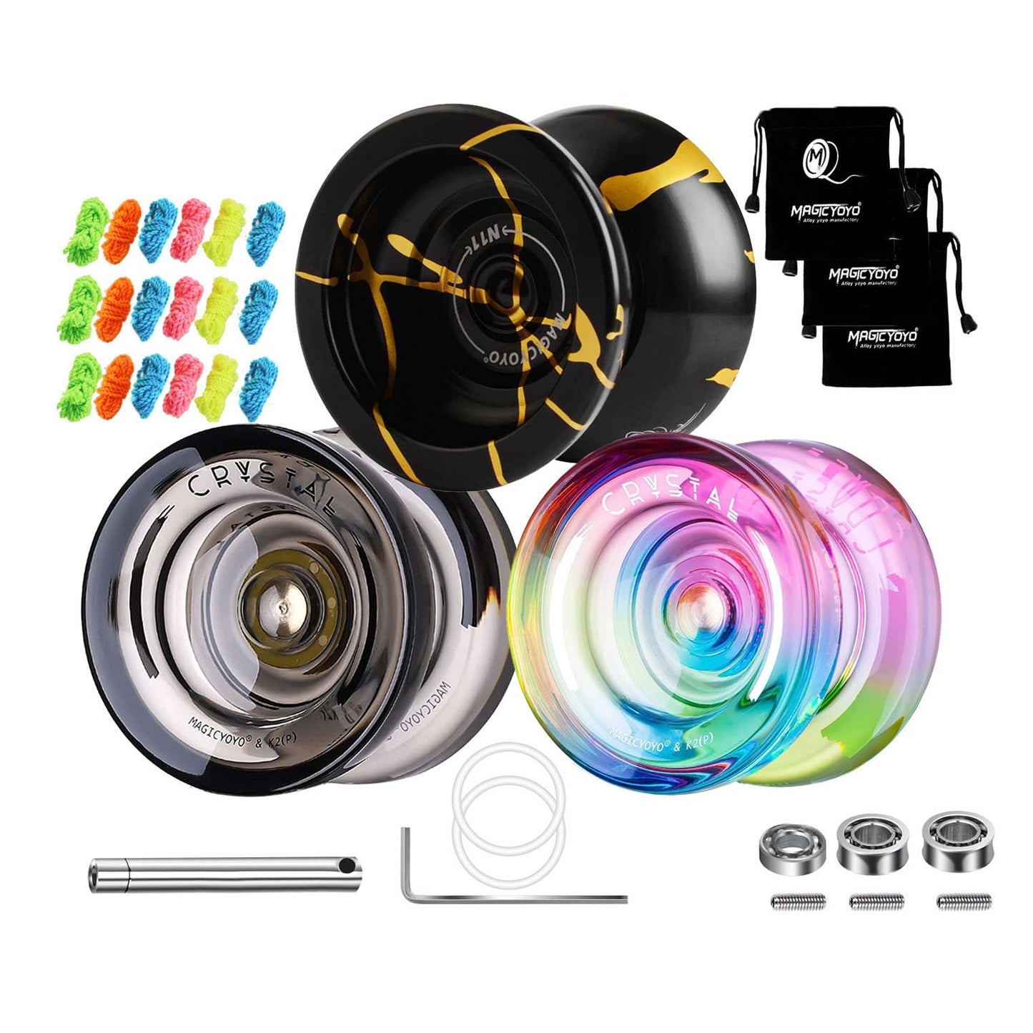 MAGICYOYO N11 Unresponsive Alloy Yoyos Professional Yoyo +K2 Responsive Yoyos  Pack of 3 Dual Purpose Yoyo with Bearings Kit  3 Yoyo Bags  18 Yoyo Strings