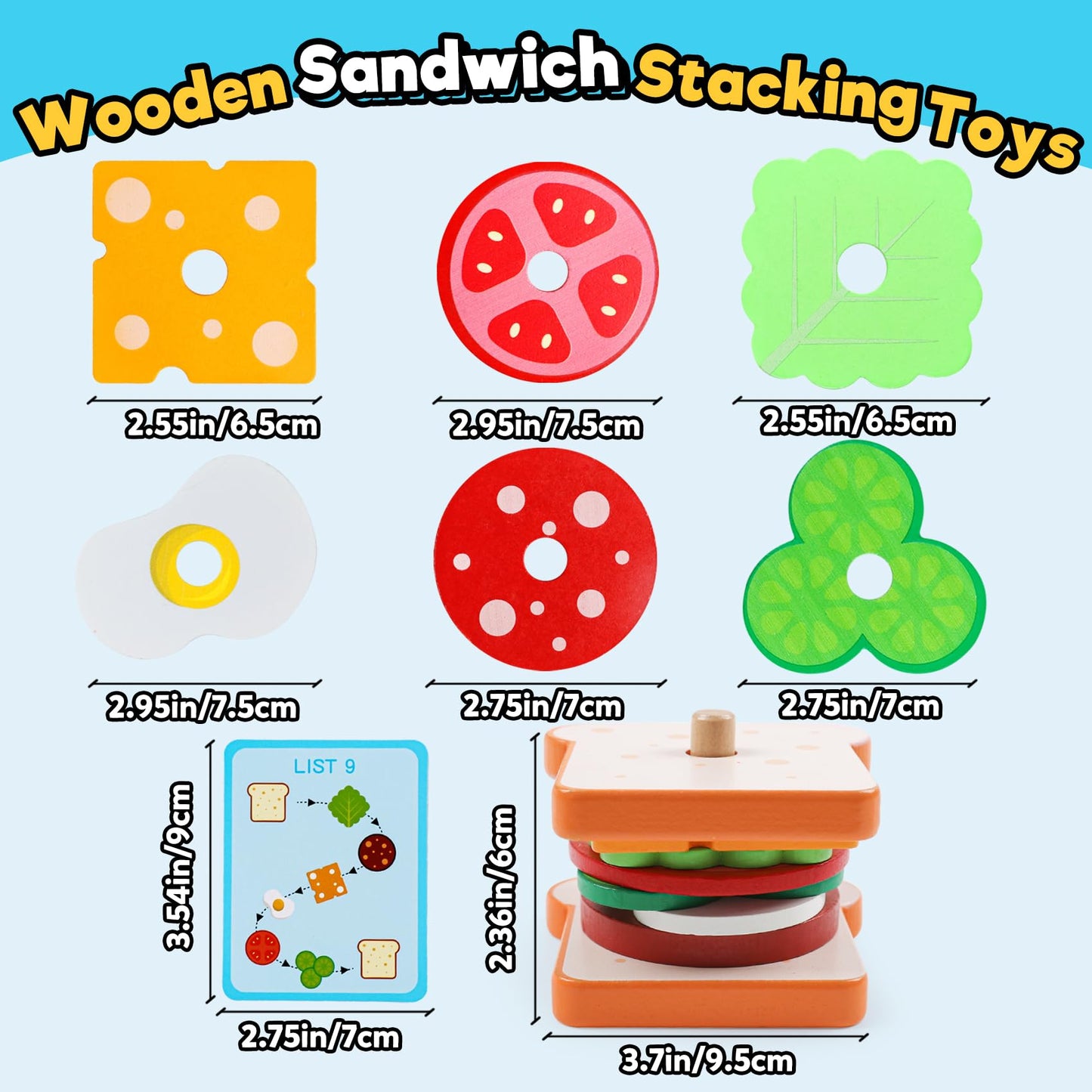 kizh Wooden Sandwich Sorting Stacking Toys - Montessori Fine Motor Play Food Set for Toddlers, Preschool - Model W3011