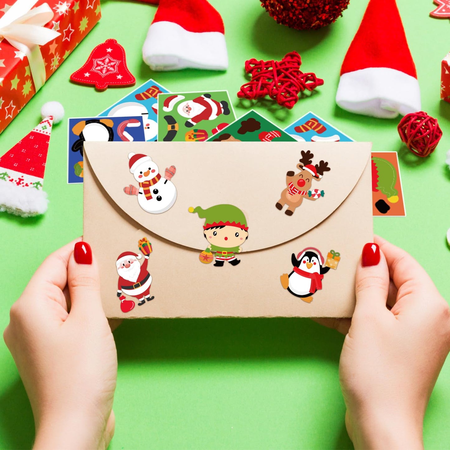 Haooryx 300PCS Christmas Make A Face Stickers Scene Roll Make Your Own Santa Snowman Face Sticker Craft Mix and Match DIY Sticke