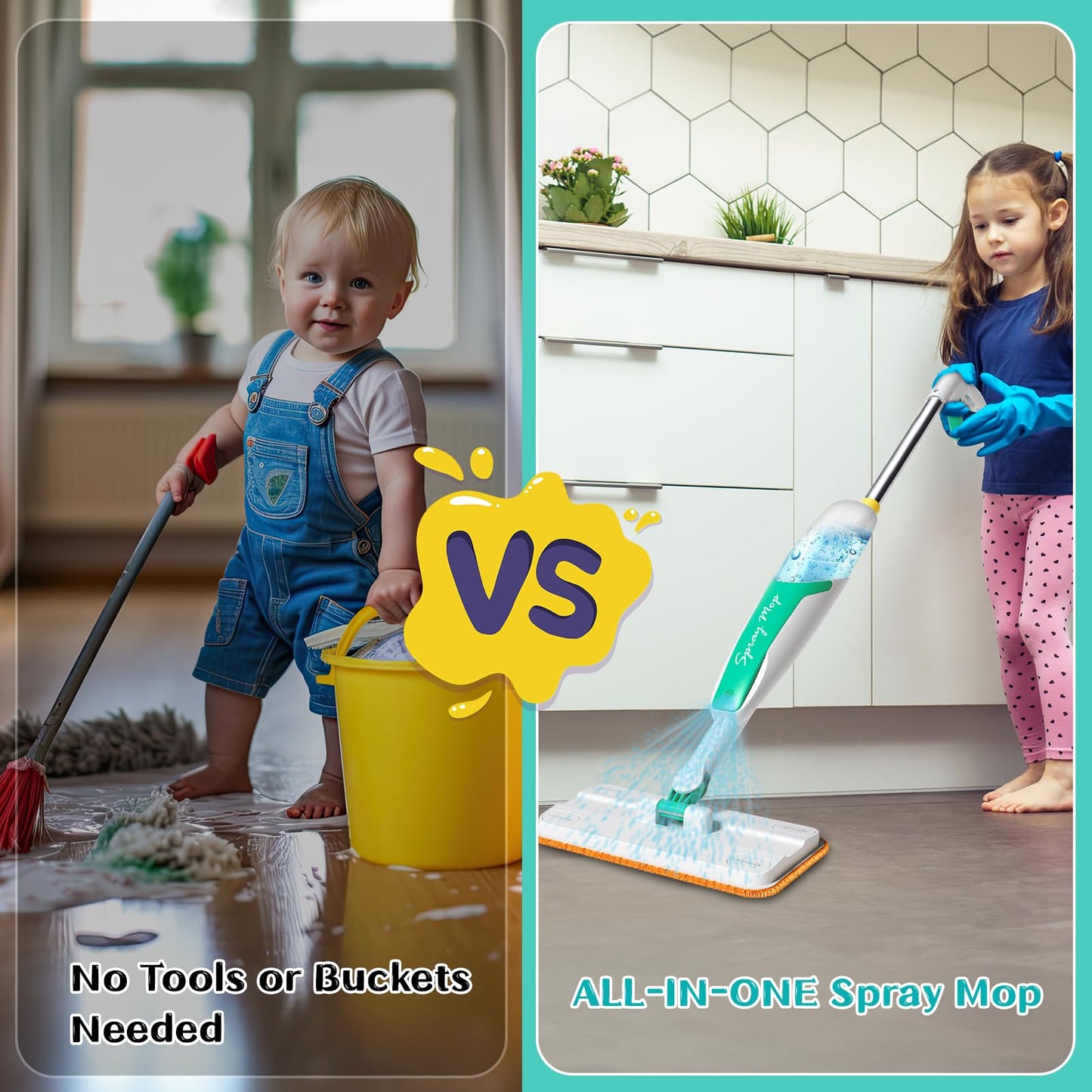 EP EXERCISE N PLAY Kids Spray Mop Toy - Toddler-Size Cleaning Set - Plastic - White Green Yellow for Ages 3-5 Years Old