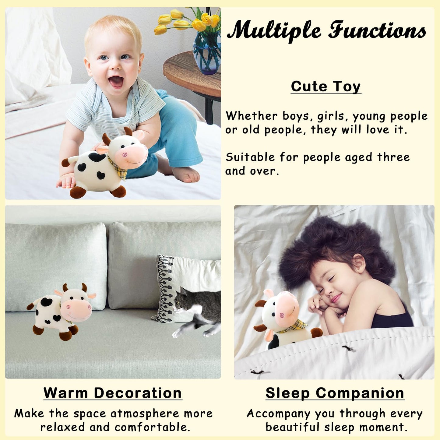 zhidiloveyou 9.84'' Cow Stuffed Animals Cute Baby Cow Plush Kawaii Toy Gifts for Kids, White